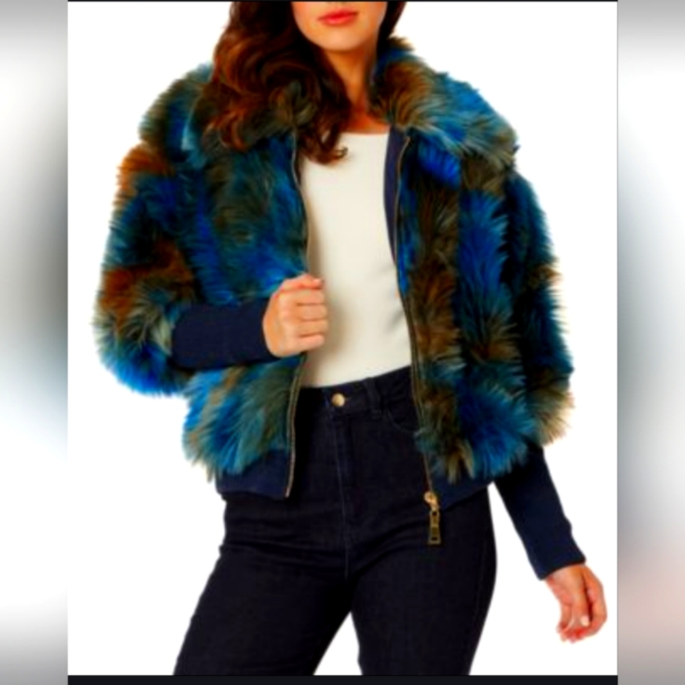 ADRIENNE LANDAU Women's Faux-Fur Multi-Color Bomber Jacket SIZE large NEW